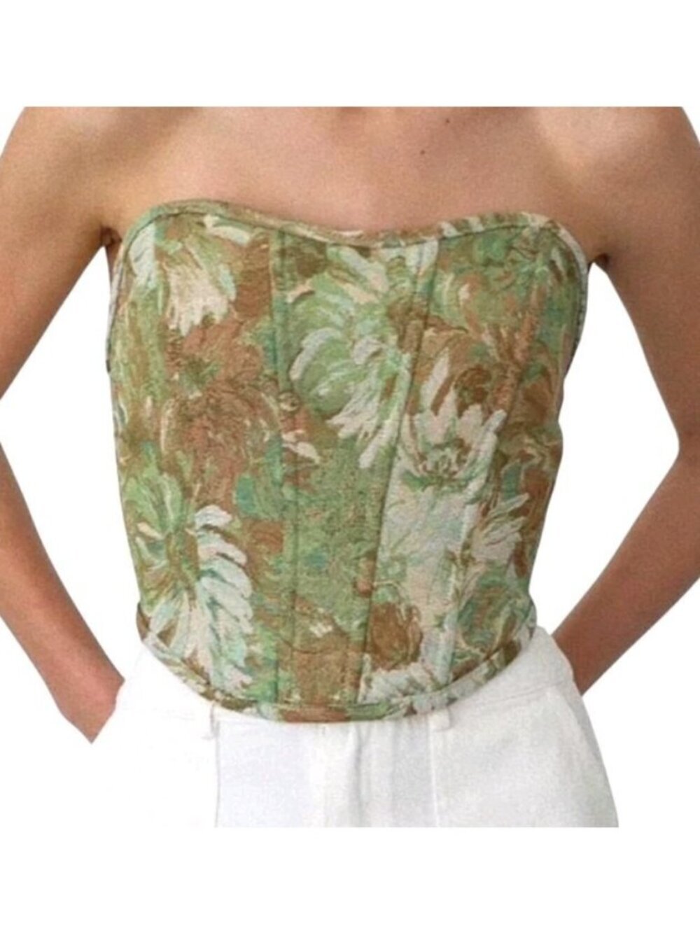 Tic Toc LA Florencia Tapestry Corset Bustier Top M Green Floral Lace-Up Lined